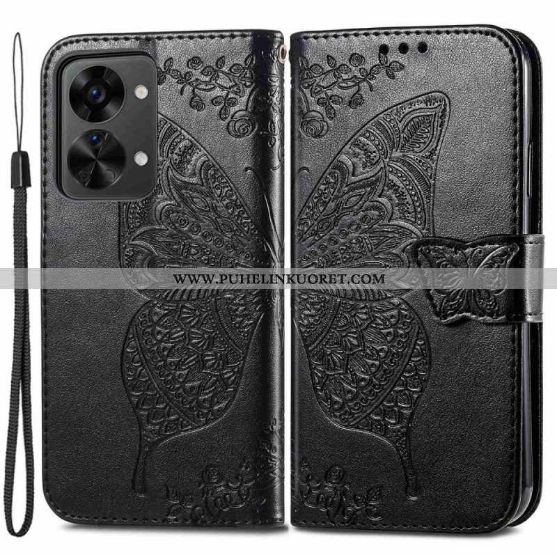 Flip Case OnePlus Nord 2T 5G Suojaketju Kuori Butterfly Lanyard -korttikotelo