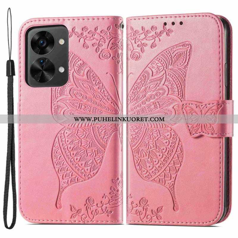 Flip Case OnePlus Nord 2T 5G Suojaketju Kuori Butterfly Lanyard -korttikotelo