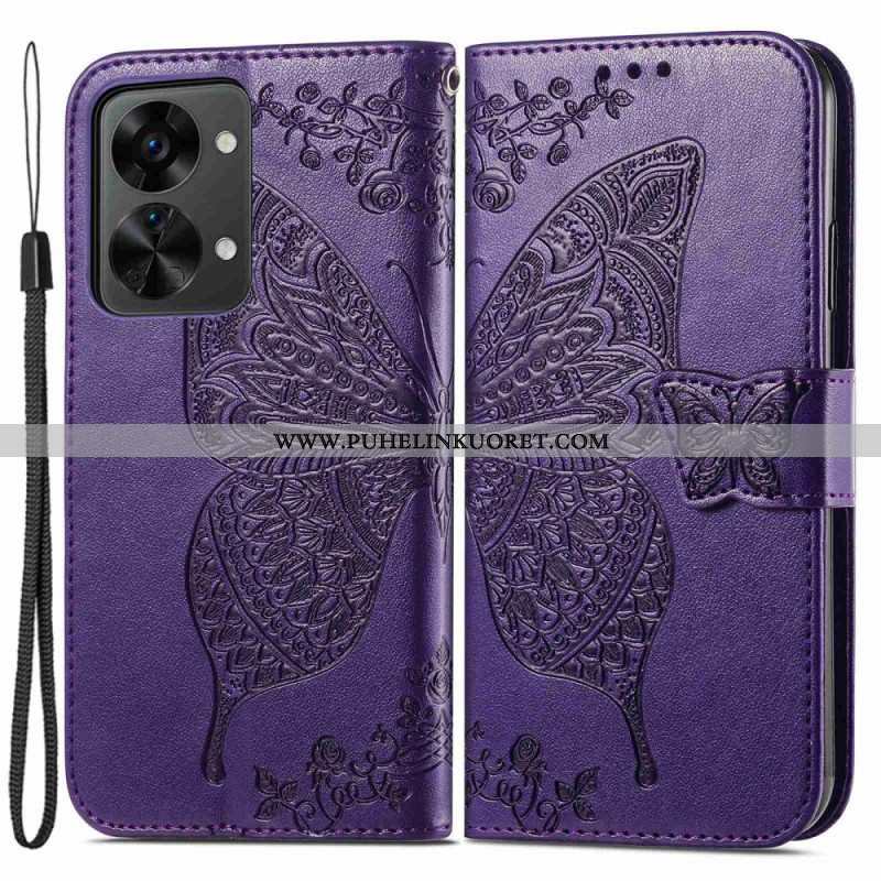 Flip Case OnePlus Nord 2T 5G Suojaketju Kuori Butterfly Lanyard -korttikotelo