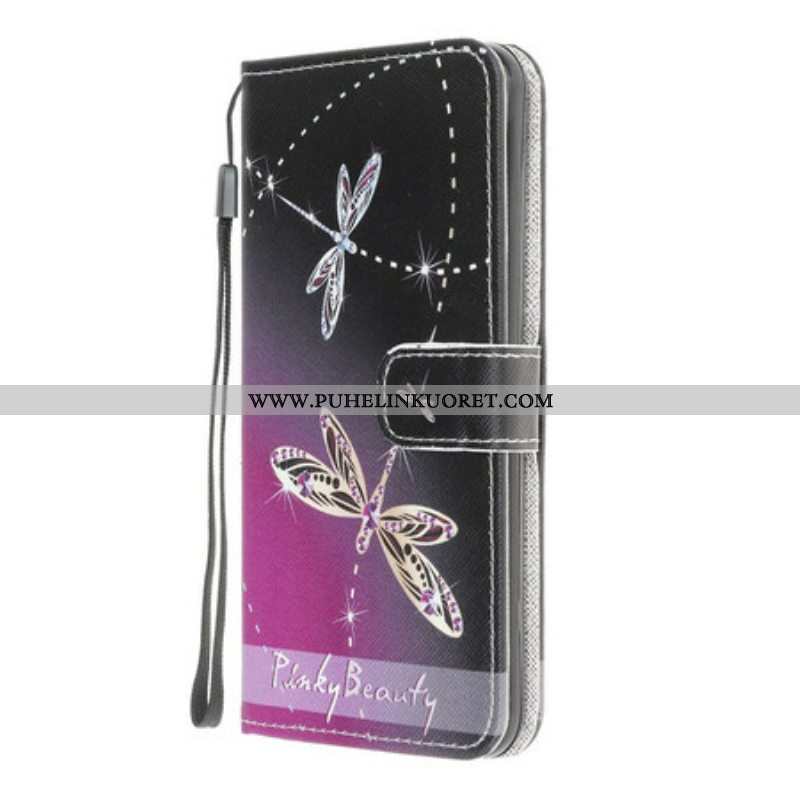 Nahkakotelo Samsung Galaxy A42 5G Suojaketju Kuori Strappy Dragonflies