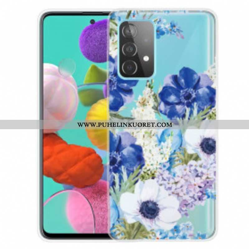 Case Samsung Galaxy A52 4G / A52 5G / A52s 5G Saumaton Akvarelli Siniset Kukat