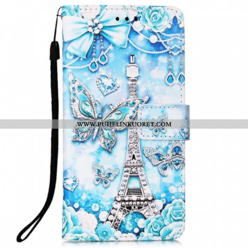 Nahkakotelo Samsung Galaxy A53 5G Suojaketju Kuori Eiffel-tornin Perhoshihna