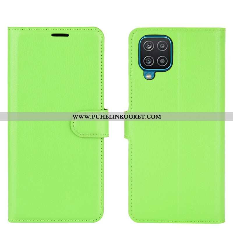 Flip Case Samsung Galaxy M12 / A12 Klassinen Litsi Tekonahka