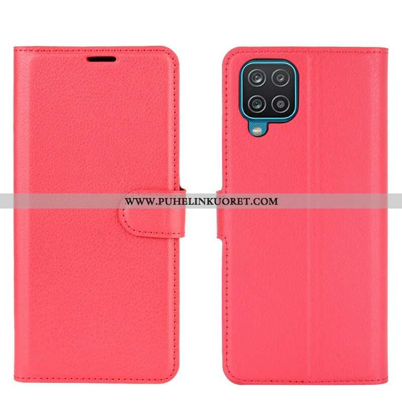 Flip Case Samsung Galaxy M12 / A12 Klassinen Litsi Tekonahka