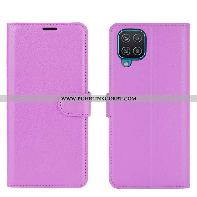 Flip Case Samsung Galaxy M12 / A12 Klassinen Litsi Tekonahka