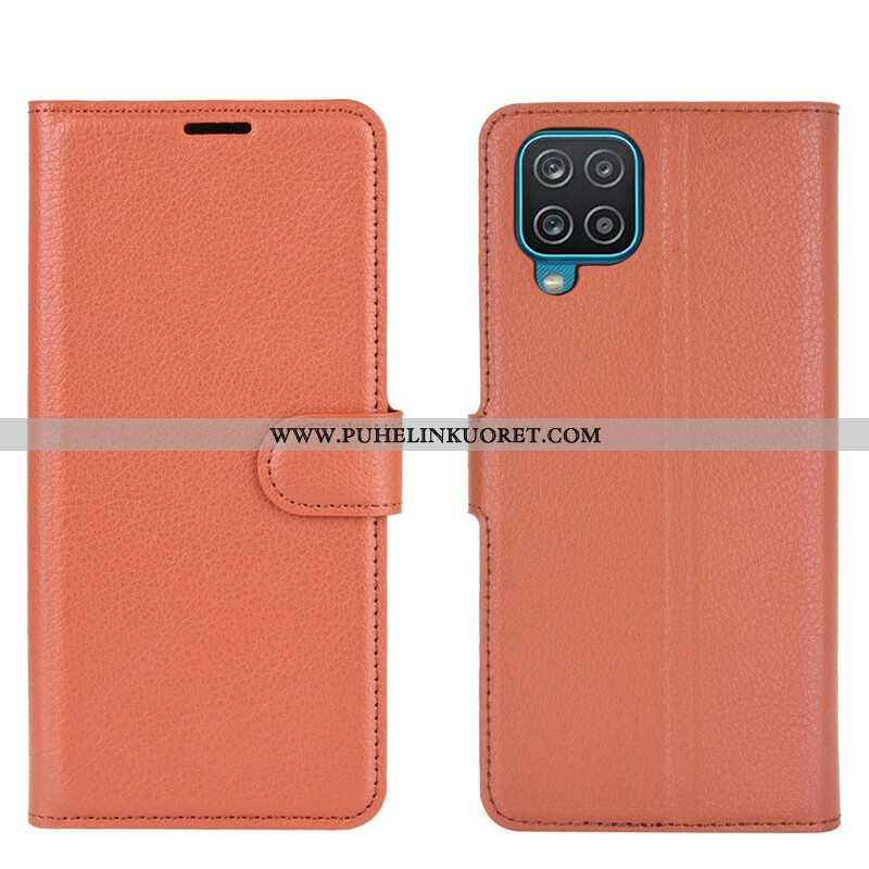 Flip Case Samsung Galaxy M12 / A12 Klassinen Litsi Tekonahka