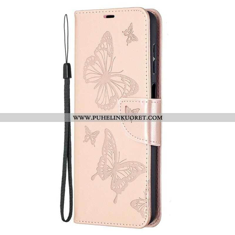 Flip Case Samsung Galaxy M12 / A12 Perhosia Lennossa Lanyardin Kanssa