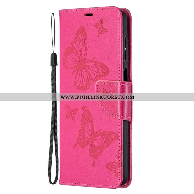 Flip Case Samsung Galaxy M12 / A12 Perhosia Lennossa Lanyardin Kanssa