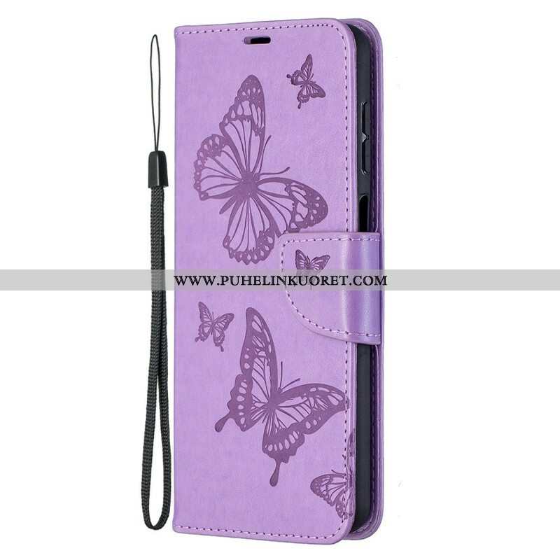 Flip Case Samsung Galaxy M12 / A12 Perhosia Lennossa Lanyardin Kanssa