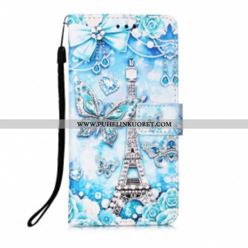 Flip Case Samsung Galaxy M12 / A12 Suojaketju Kuori Eiffel-tornin Perhoshihna