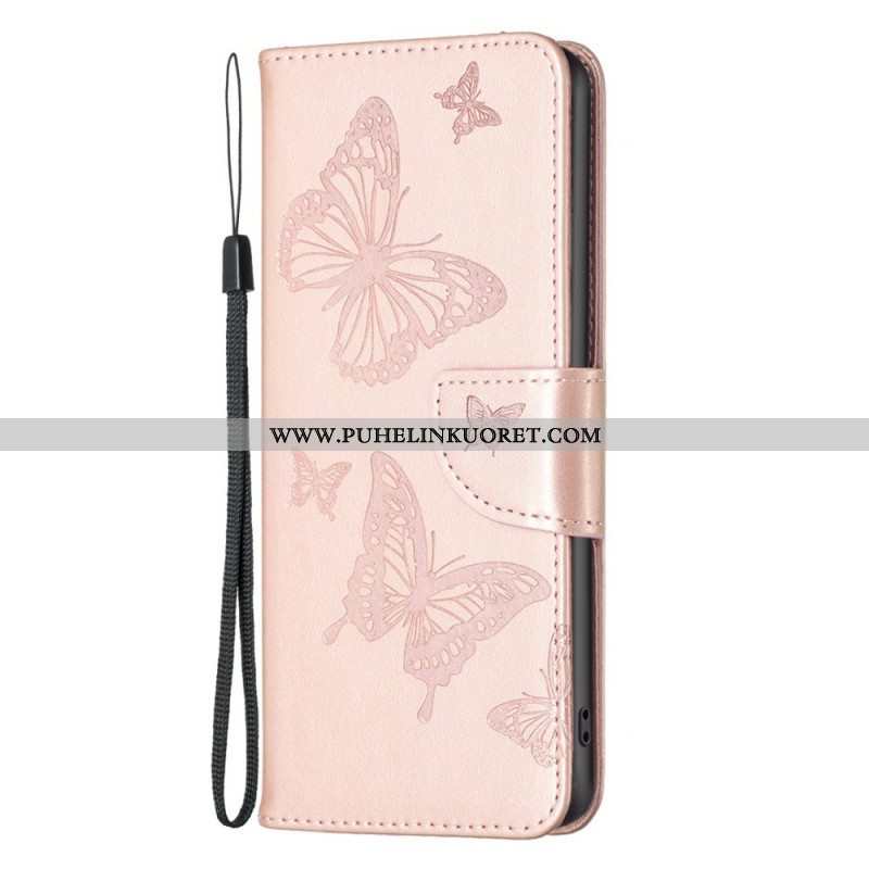 Flip Case Samsung Galaxy M23 5G Suojaketju Kuori Perhosille Painettu Olkahihna