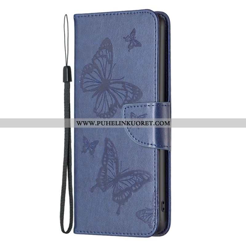 Flip Case Samsung Galaxy M23 5G Suojaketju Kuori Perhosille Painettu Olkahihna