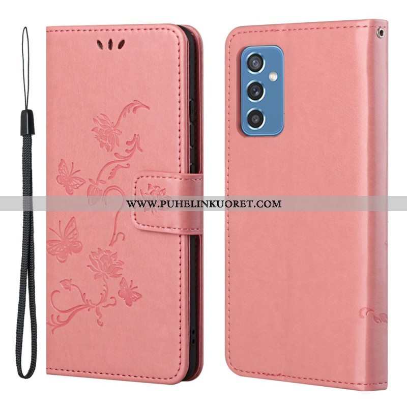 Flip Case Samsung Galaxy M52 5G Suojaketju Kuori Perhoset Ja Kukat -hihna