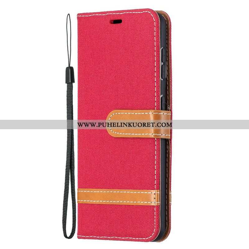 Flip Case Samsung Galaxy S21 5G Suojaketju Kuori Kangas- Ja Nahkaefektihihna