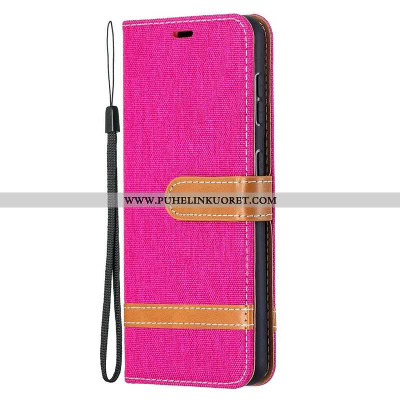 Flip Case Samsung Galaxy S21 5G Suojaketju Kuori Kangas- Ja Nahkaefektihihna