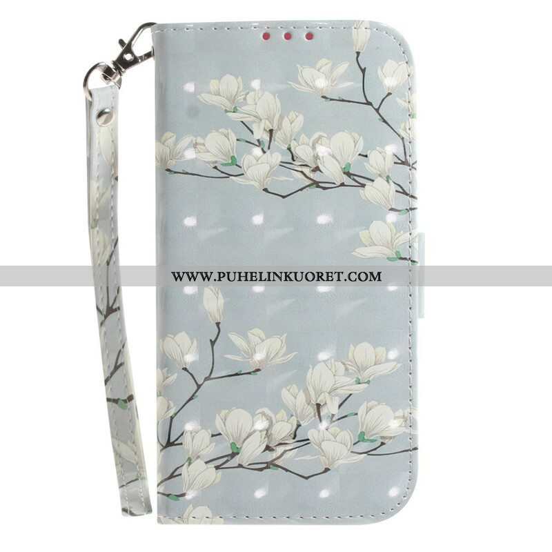 Flip Case Samsung Galaxy S21 FE Suojaketju Kuori Kukkiva Oksa Hihnalla