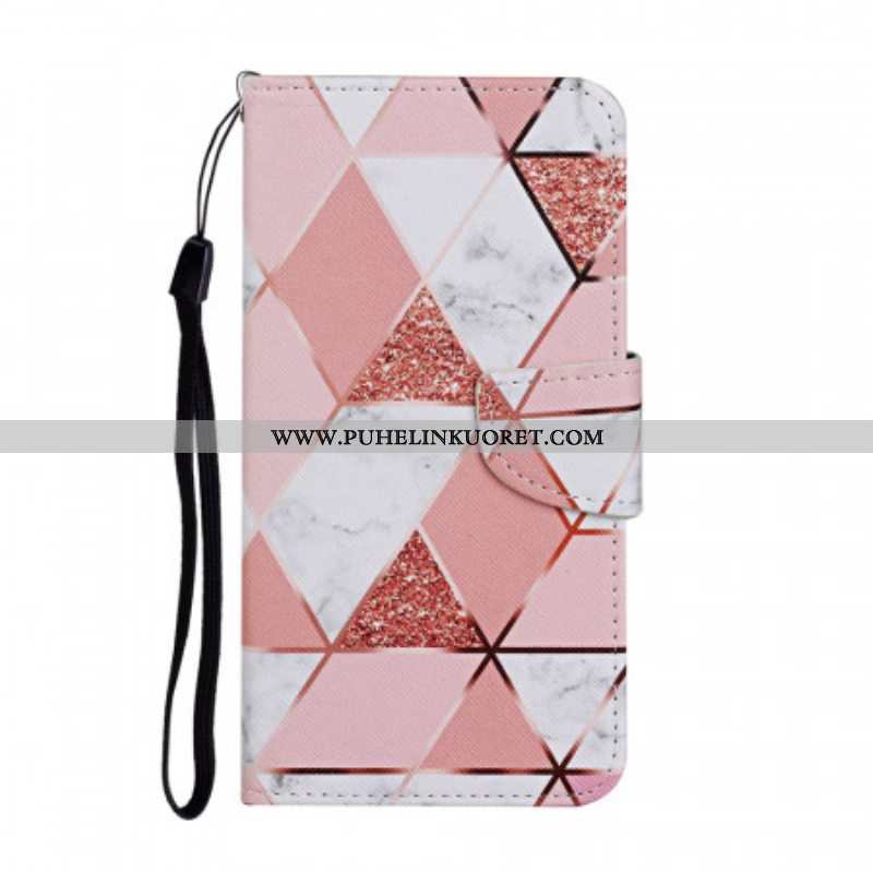 Flip Case Samsung Galaxy S22 Plus 5G Marmori Ja Paljetteja Hihnalla