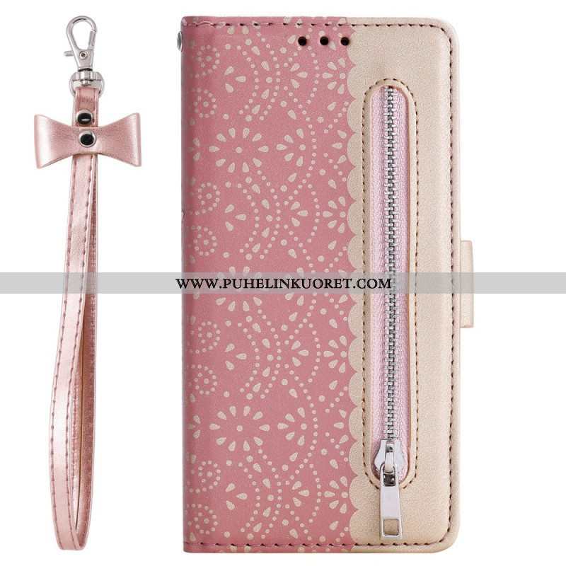 Flip Case Samsung Galaxy S22 Plus 5G Suojaketju Kuori Pitsihihna Kolikkokukkaro