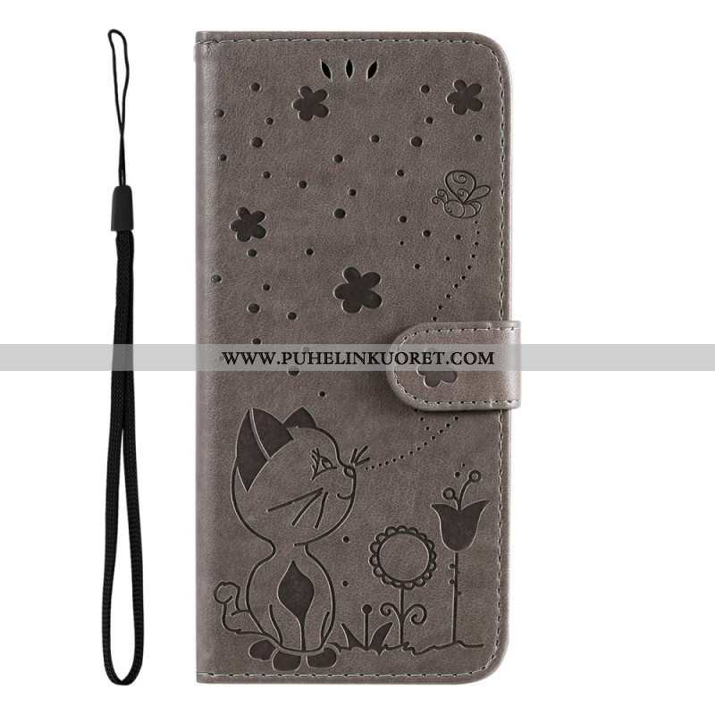 Flip Case Samsung Galaxy S23 5G Suojaketju Kuori Strappy Kissa Ja Mehiläiset