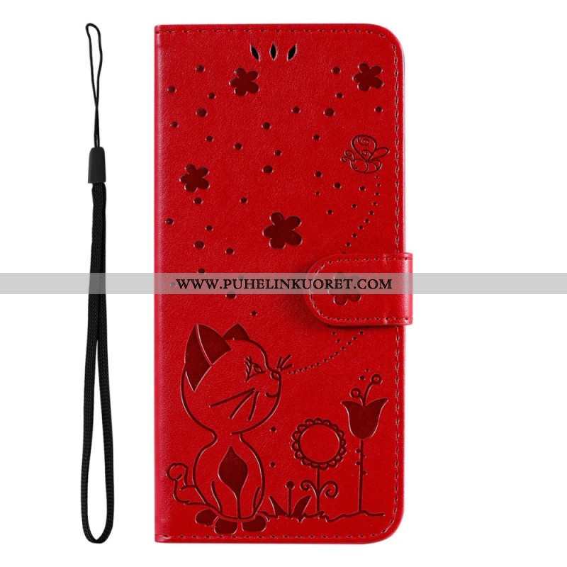 Flip Case Samsung Galaxy S23 5G Suojaketju Kuori Strappy Kissa Ja Mehiläiset