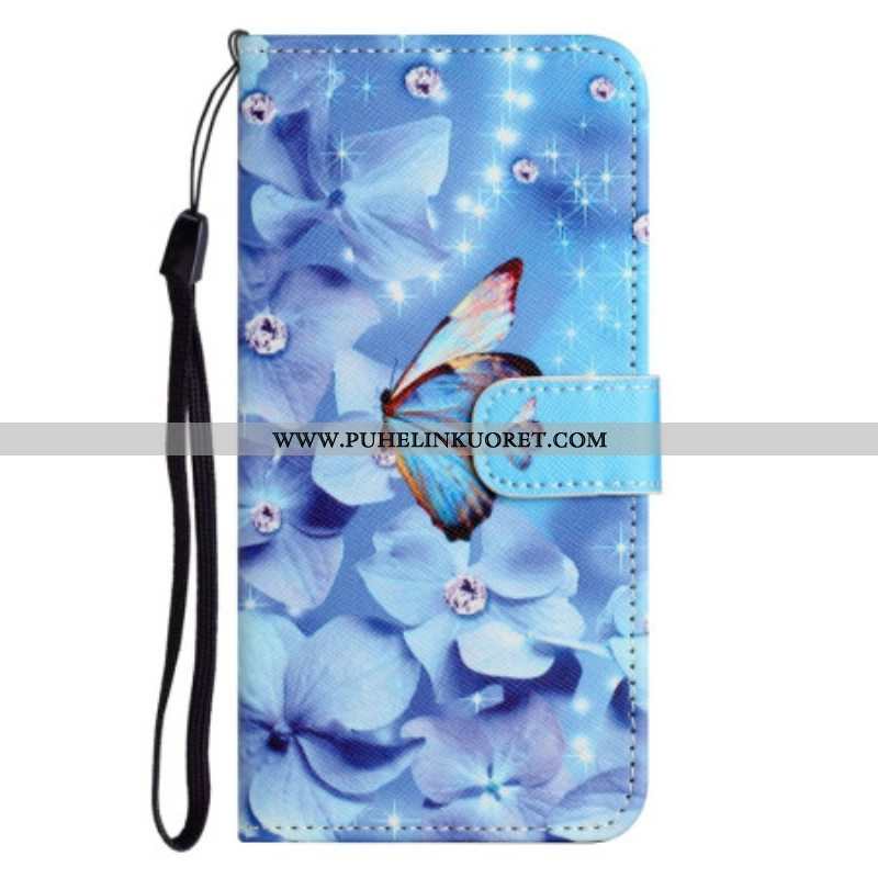 Flip Case Samsung Galaxy S23 5G Suojaketju Kuori Strappy Diamond Perhoset