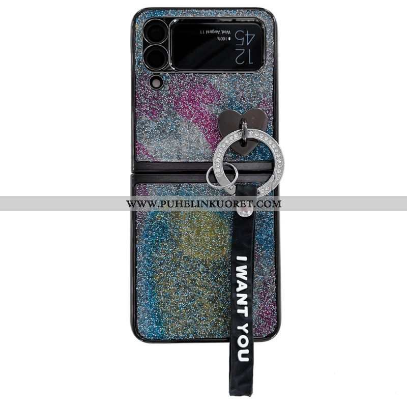 Kuori Samsung Galaxy Z Flip 3 5G Kotelot Flip Paljetteja Charms Ja Lanyard