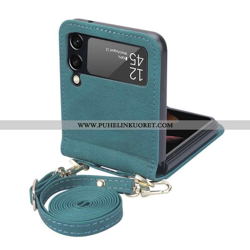 Case Samsung Galaxy Z Flip 4 Kotelot Flip Nahkavaikutteinen Tikkaus Ja Olkahihna