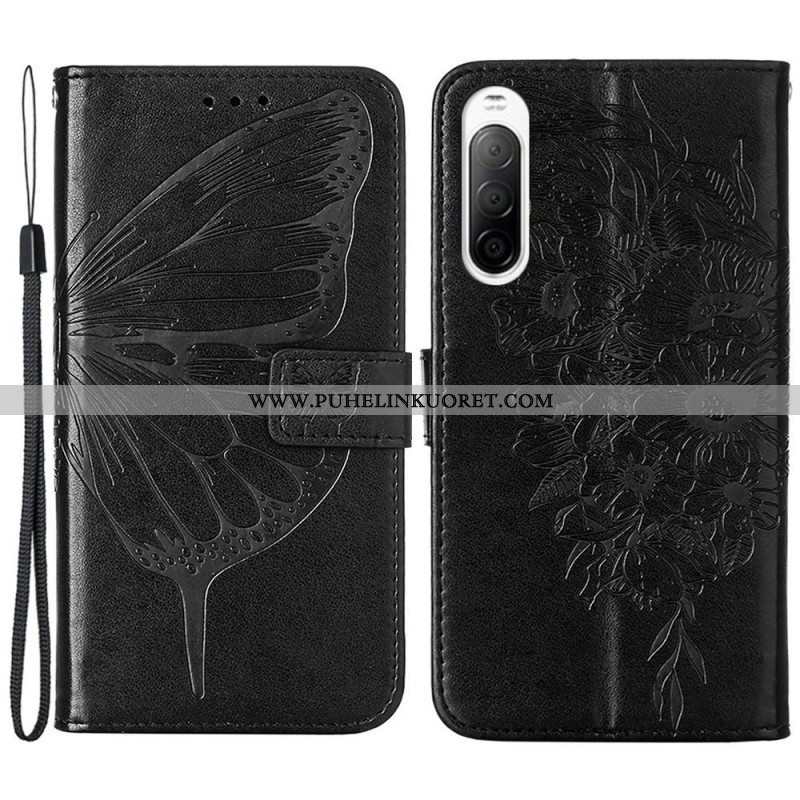 Flip Case Sony Xperia 10 IV Perhonen Kaulanauhalla