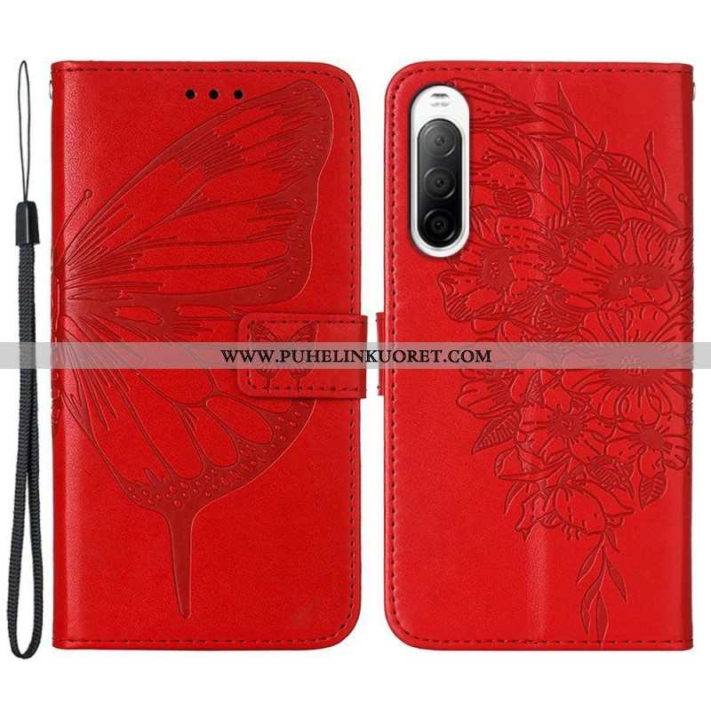 Flip Case Sony Xperia 10 IV Perhonen Kaulanauhalla