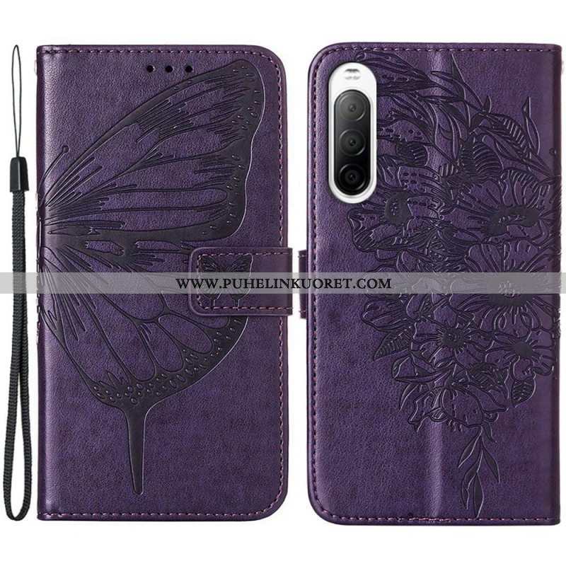 Flip Case Sony Xperia 10 IV Perhonen Kaulanauhalla