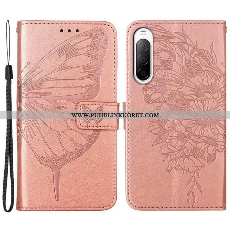 Flip Case Sony Xperia 10 IV Perhonen Kaulanauhalla