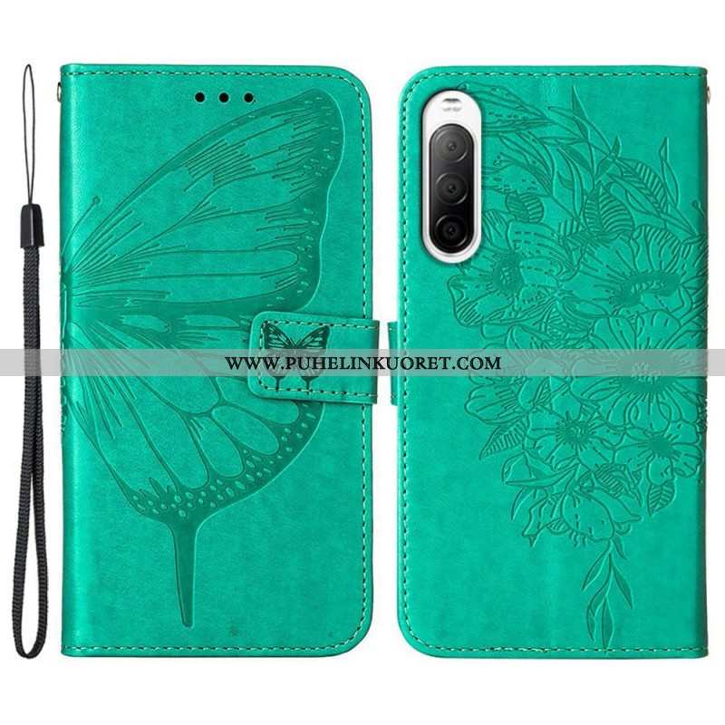 Flip Case Sony Xperia 10 IV Perhonen Kaulanauhalla