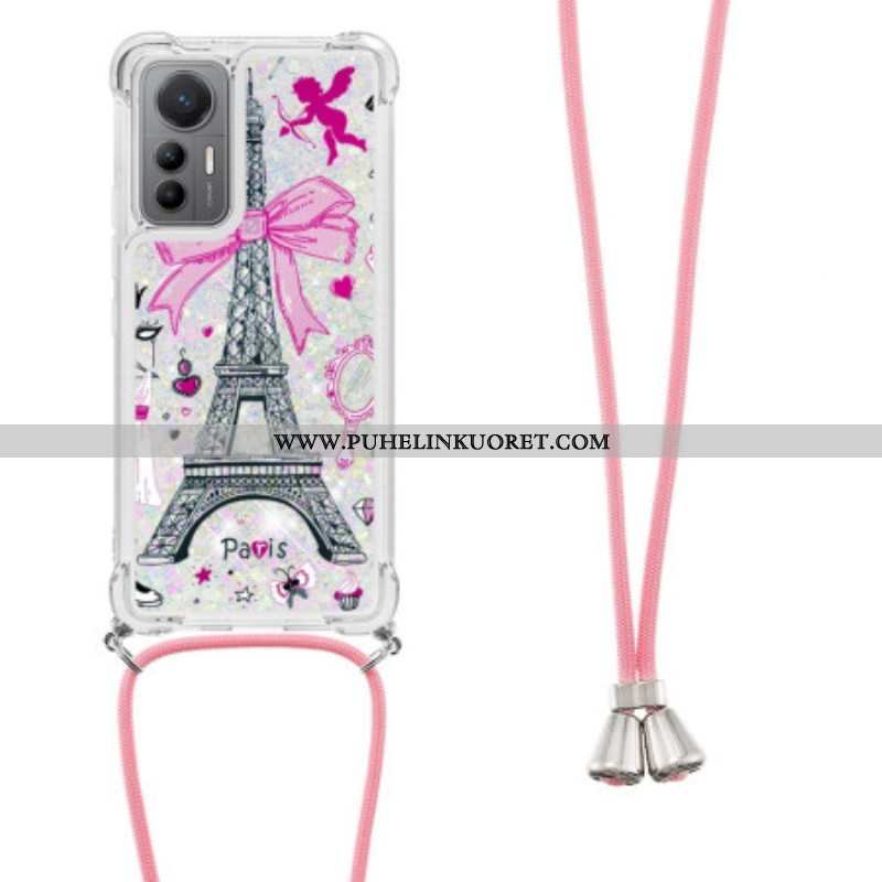 Kuori Xiaomi 12 Lite Kiristysnyörillä Eiffel-tornin Kimaltava Kiristysnyöri