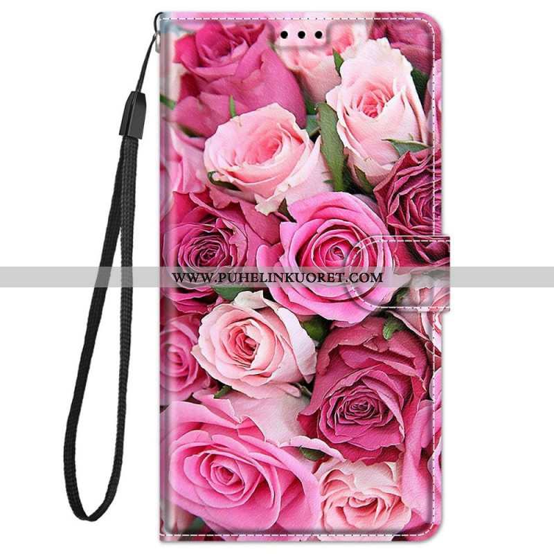 Flip Case Xiaomi Redmi Note 11 Pro Plus 5G Ruusuja Kaulanauhalla