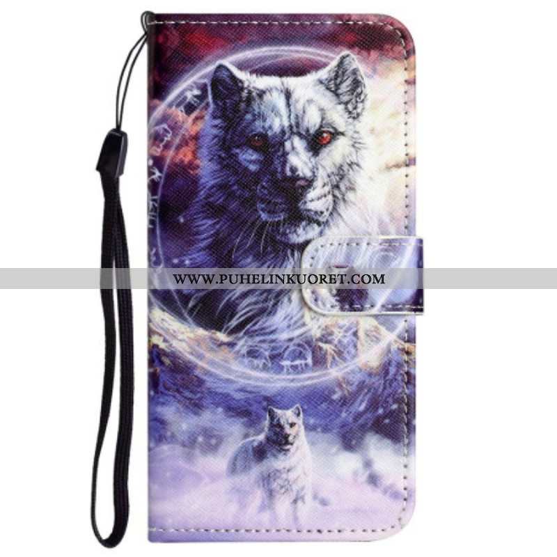 Flip Case Xiaomi Redmi Note 12 4G Suojaketju Kuori Strappy Snow Wolf