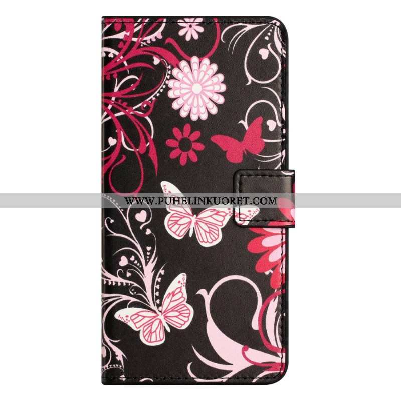 Flip Case iPhone 14 Pro Mustavalkoisia Perhosia